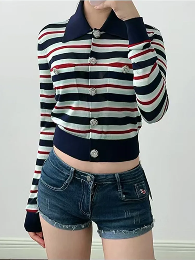 

Элитная версия SE: Красно-синий вязаный кардиган с полосатым воротником, приталенный, с длинными рукавами, в европейском французском стиле