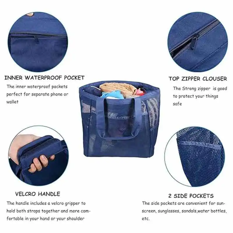 ADX03 Foldable Mesh Tote Bag Large Shopping Bag for Travel with Pockets and Zipper