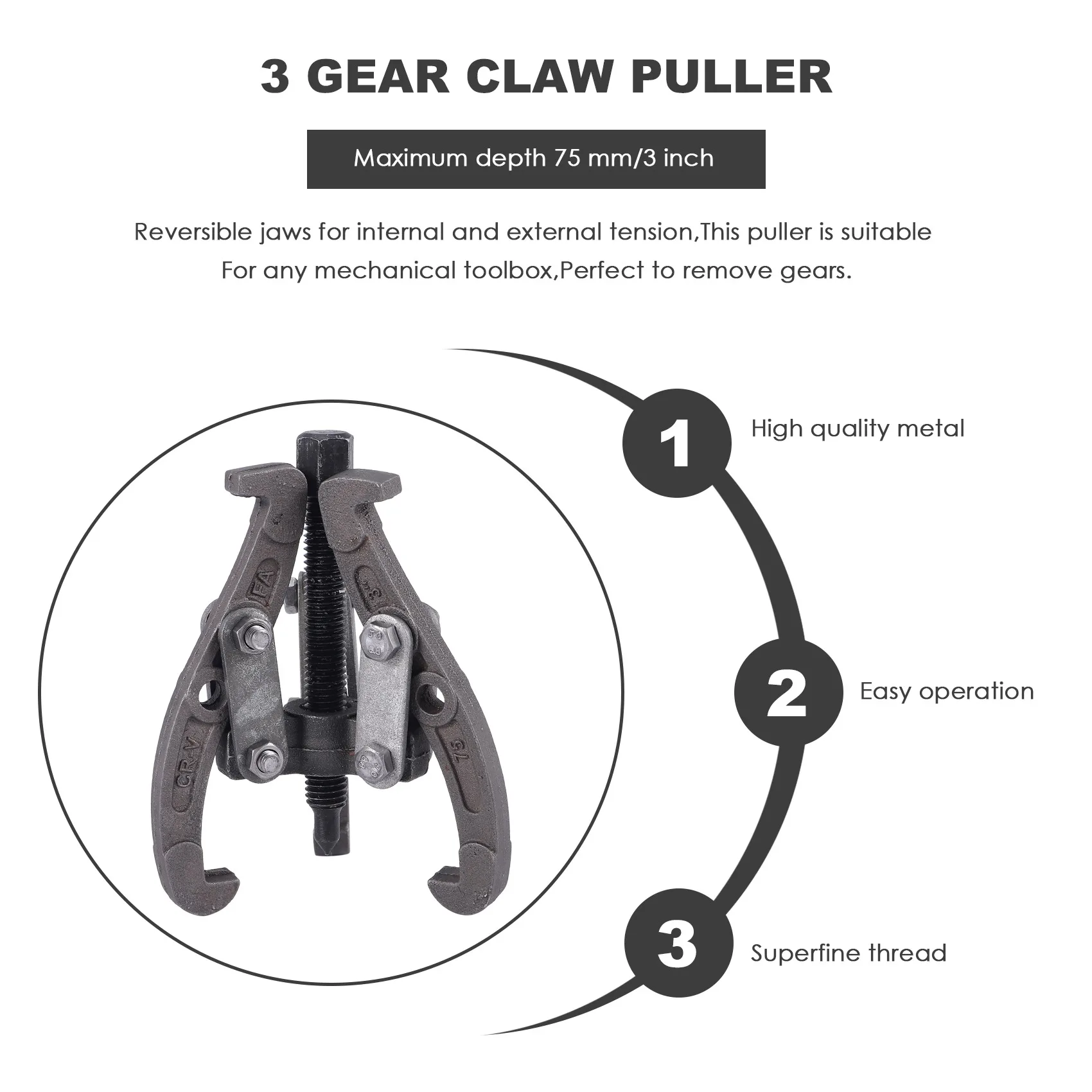 A11I 3-Inch 75 Mm Gear Bearing Puller Tool Hub Multi-Function Puller Kit 3-Jaw Reversible Flywheel Pulley Removal Extractor