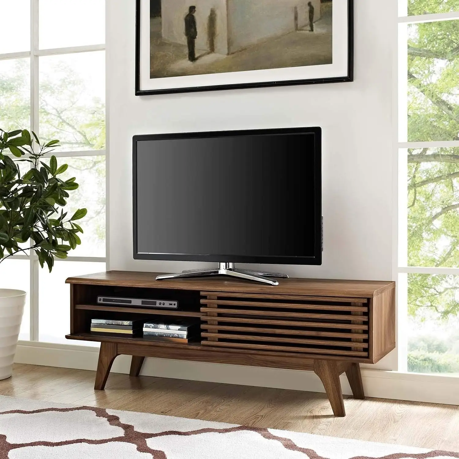 48-inch TV Stand Cream Mid-Century Modern MDF Walnut Finish, Customized