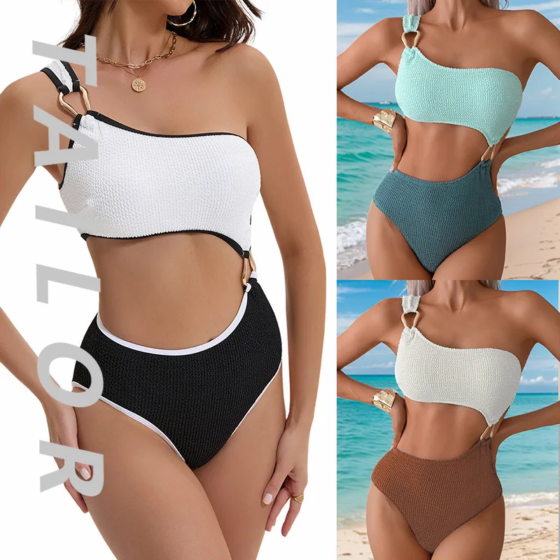 

Bikini color matching snake cloth hollowed out sexy one-piece swimsuit bikini swimsuit women 2025 new