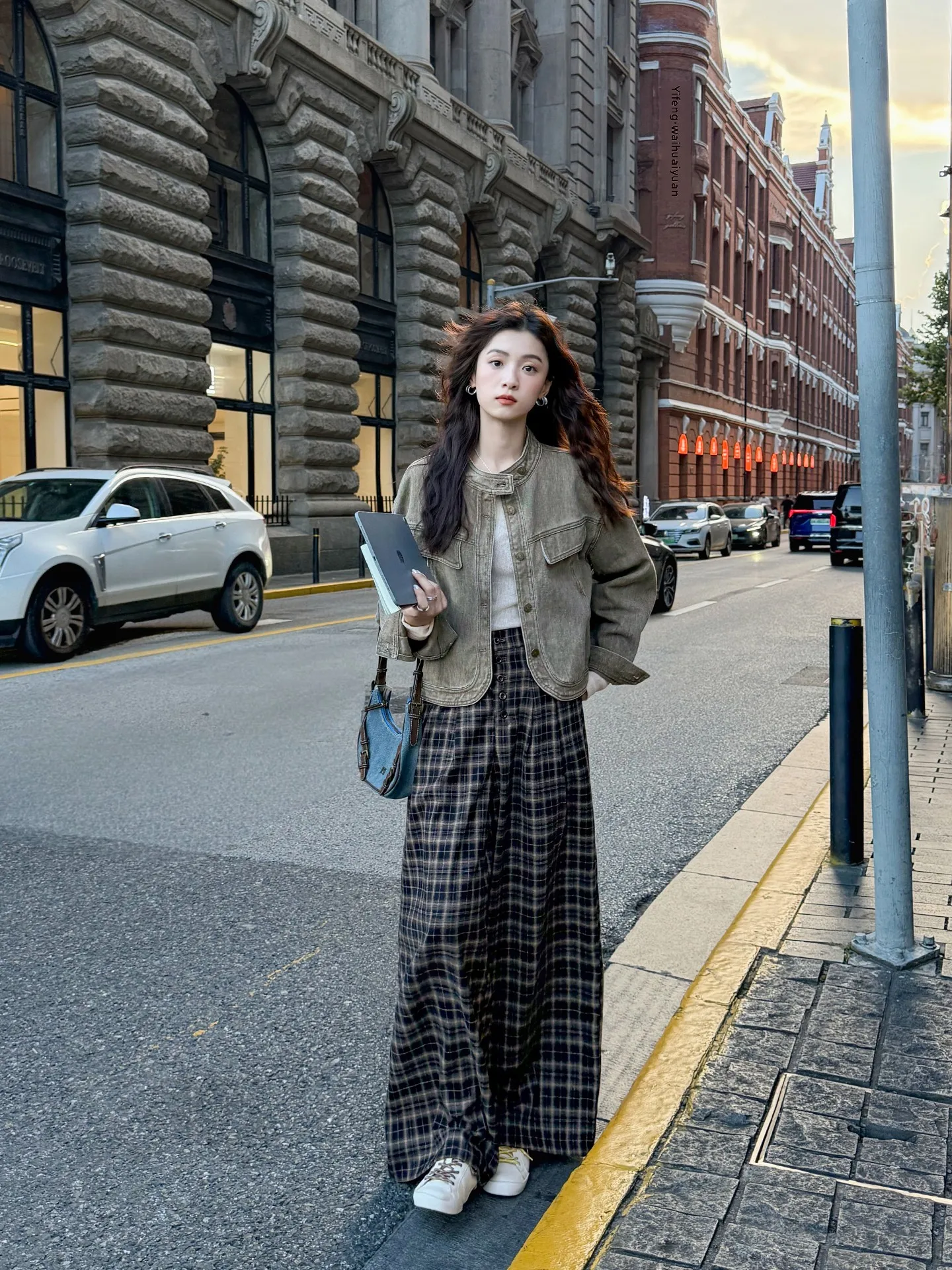 

Ретро клетчатые повседневные брюки с высокой талией и пуговицами спереди, свободные прямые брюки для женщин, осень-зима, новый Sle