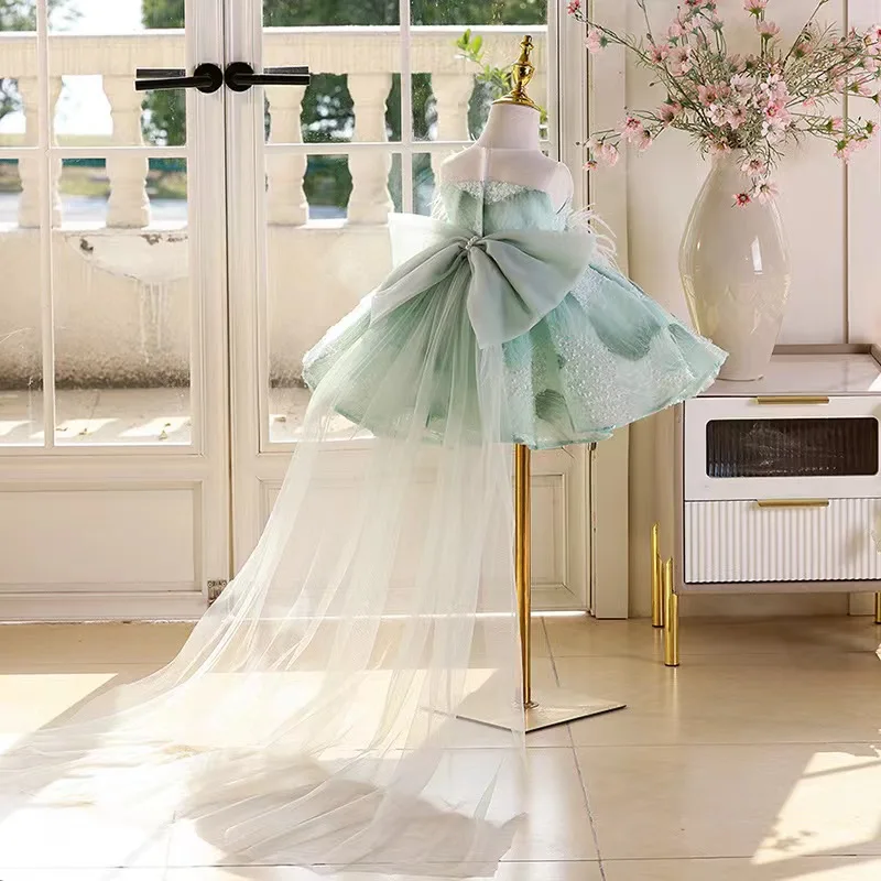 

Luxury Party Pink Flower Kids Dress Fluffy Colorful Decal Bow Short Sleeve Wedding Birthday Party Dress Girl