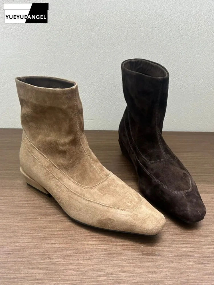 Vintage Women Suede Leather Ankle Boots Slip On Square Toe Office Ladies Work Shoes Comfortable Autumn New High Top Modern Boots