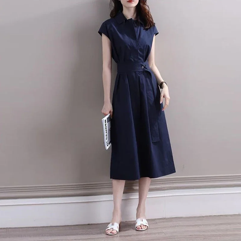 Summer Elegant Fashion Polo-neck Shirring Waist A-line Dresses Ladies Short Sleeve Temperament Simple Dress Robe Vestidos A271