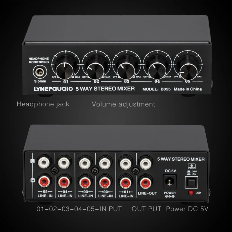 LYNEPAUAIO Stereo 5-Way Active Mixer Independent Volume Adjustment Support Multi-Channel Mixer With Headphone Monitor