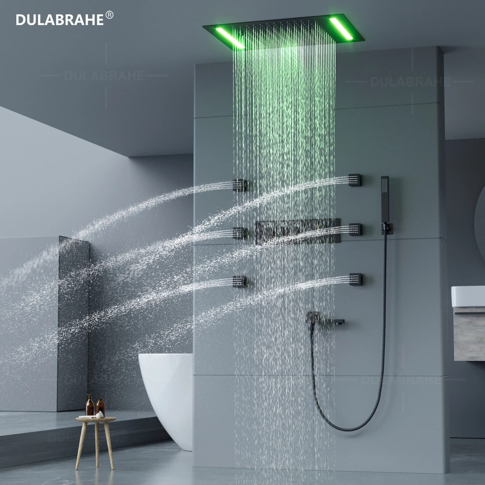 Black 20*14 Inch LED Rain Shower Head Ceiling Embedded Shower System Thermostatic Digital Display Shower Faucet Set