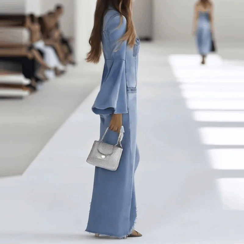 أنيقة غير المتماثلة التلبيب الياقة الدنيم رومبير المرأة أنيقة زر الصلبة سليم طويل البلوز عادية مضيئة كم واسعة الساق بلايسوت