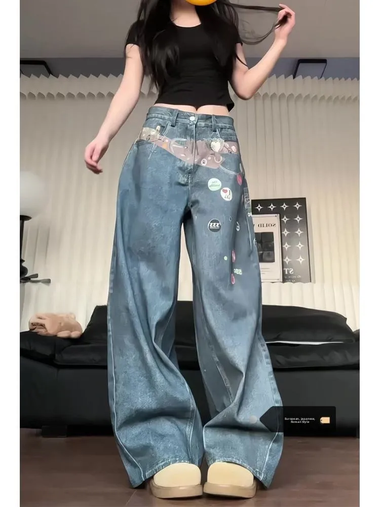 

plus Size American Style Printed Waist Belt Wide Leg Jeans Women's Loose Design Slimming Straight Cut Trousers Spring 2026