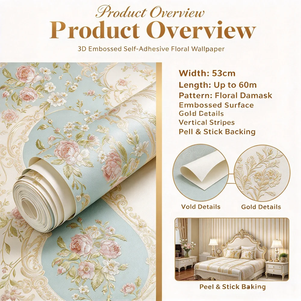 3D Embossed Non-Woven Wallpaper Self Adhesive Peel and Stick Wallpaper Roll Pastoral European Floral Design for Bedroom Living