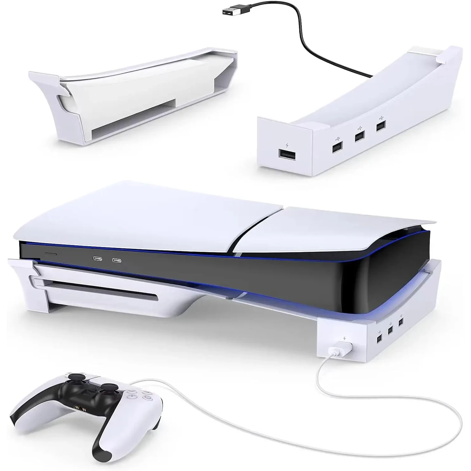 حامل أفقي IPEGA لوحدة التحكم PS5 النحيفة مع قاعدة محور USB ذات 4 منافذ لقرص PS5 النحيف وحامل قاعدة وحدة التحكم في الألعاب الرقمية