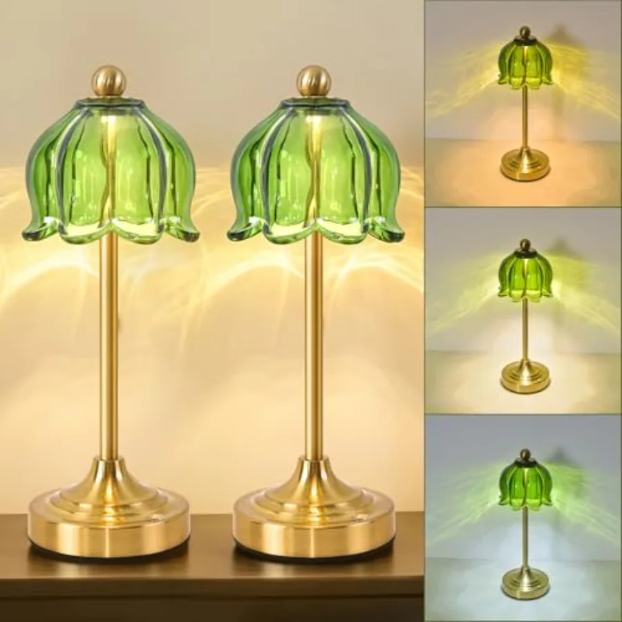 

Vintage Tulip Glass Table Lamp Set of 2 - Aesthetic Cordless Rechargeable Lamp with Glass Shade, Small Battery Operated Accent