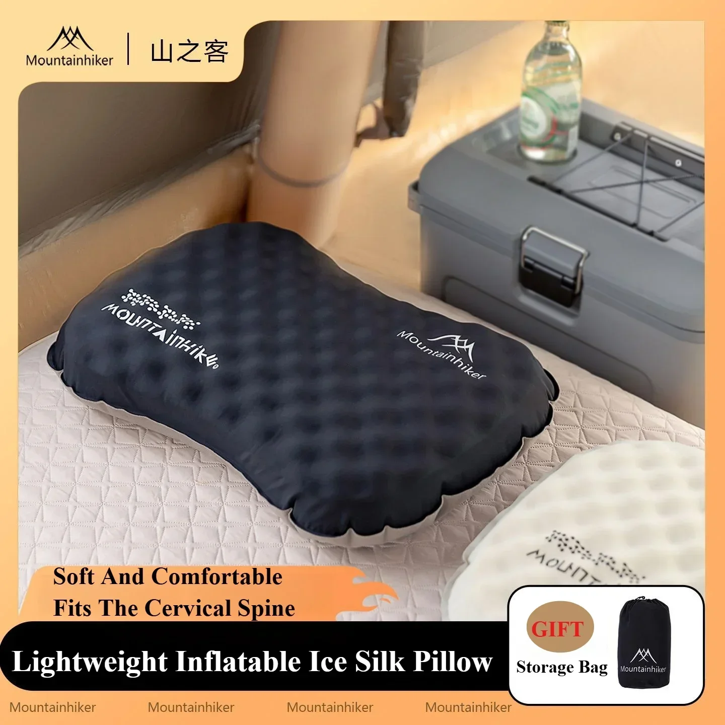 MOUNTAINHIKER Ultralight Inflatable Travel Pillow with Soft Washable Cover Ergonomic Neck And Lumbar Support for Camping