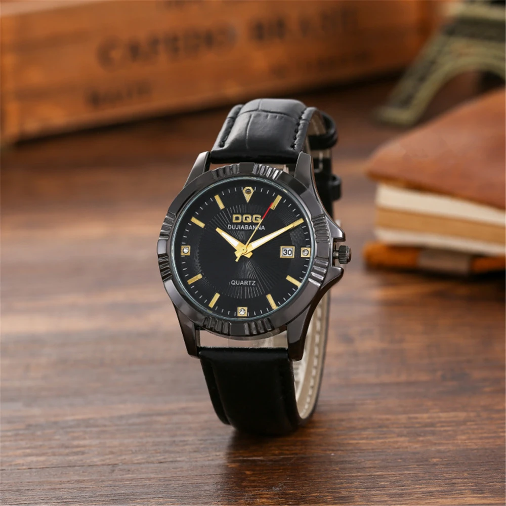 Fashion DQG Brand Men Watches Simple vintage Scale Calendar Mens Quartz Watch Luxury Brown Leather Dress Wristwatches Clock