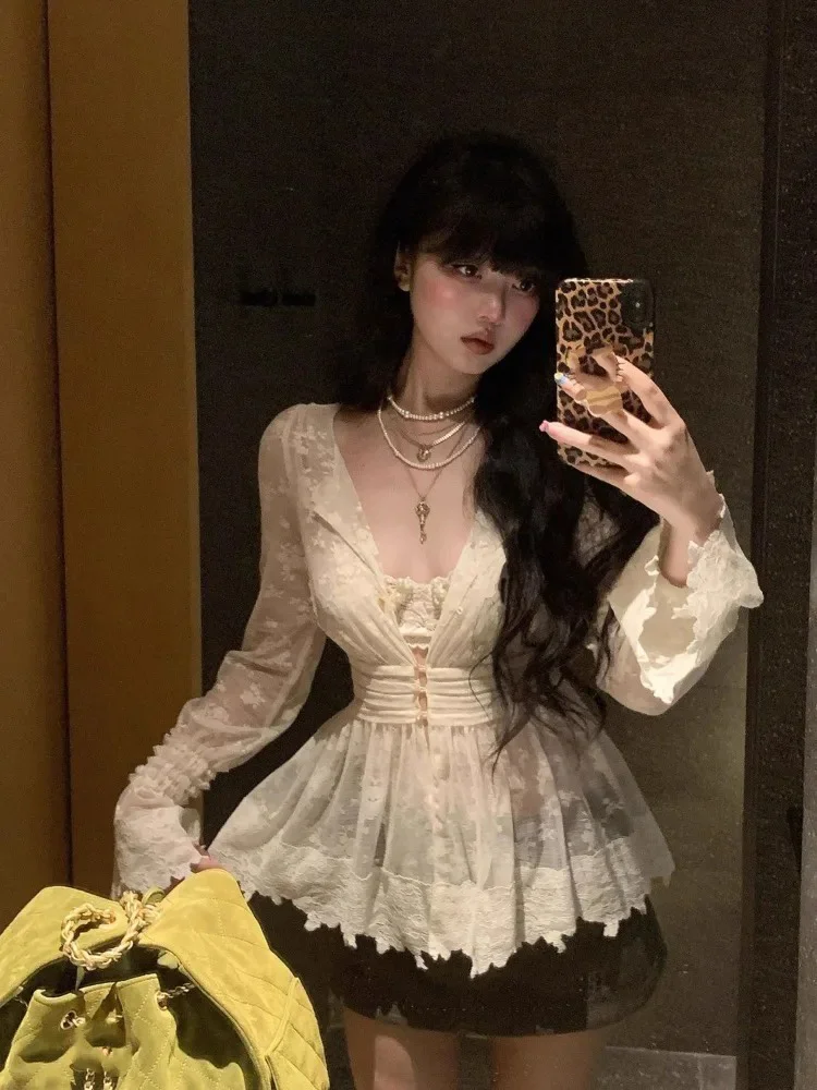 

Sexy Lace Long Sleeve Blouse Women V Neck Slim Waist Transparent Base Tops Elegant Y2k Aesthetic Spicy Girl Shirt Blusa