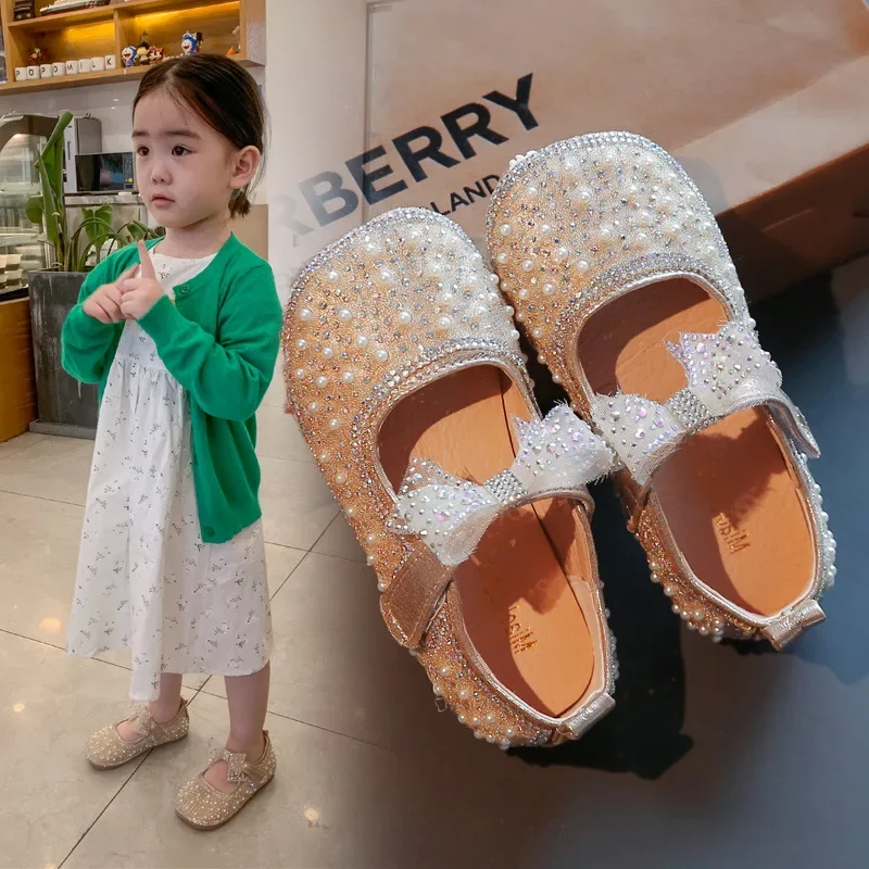 Girl's Princess Shoes Children's Fashion Bow Rhinestone Leather Kids Shoe 2024 New Baby Girls Party Student Flat Shoes E584