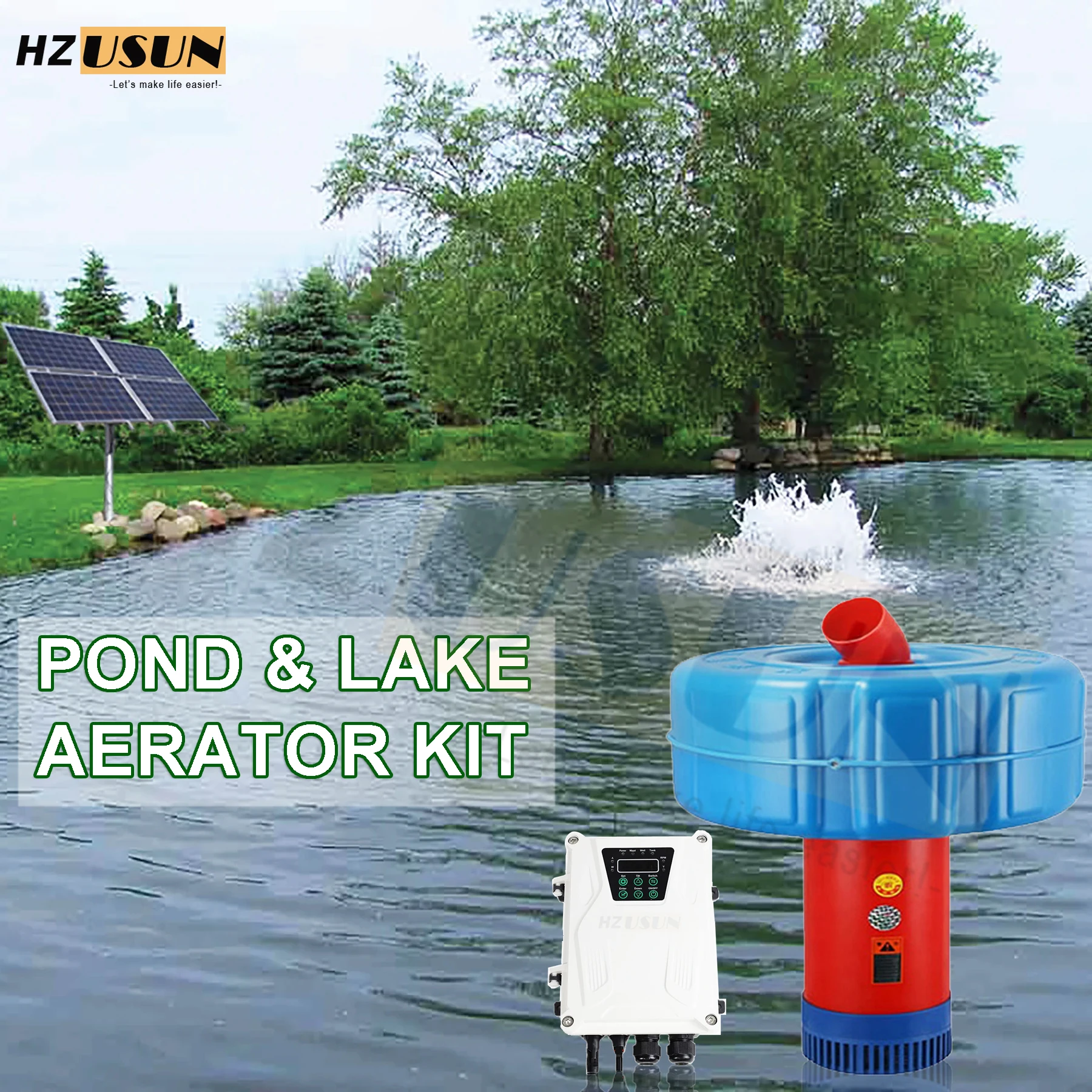 HZUSUN Solar Powered Aerator for 1/2 1 Acre Pond Lake Aeration Solar Oxygenator Air Pump Kits 750W 1HP DIY Small Fish Pond Dam