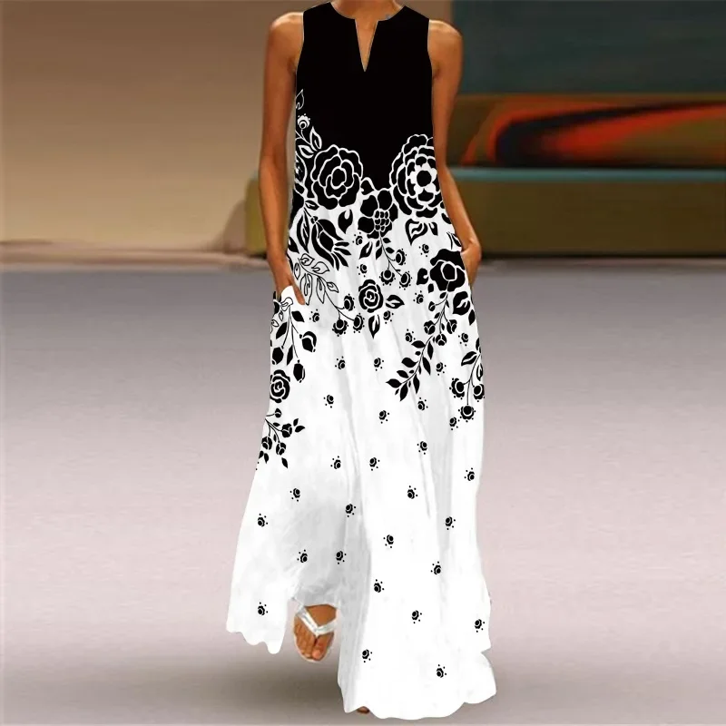 Elegant And Elegant Butterfly Flower Print Open Collar Long Dress 2024 Elegant And Sexy Pocket Loose Ankle-length A-line Dress