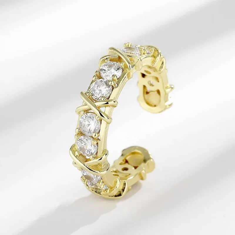 Jianjie Light Luxury Women’s X Cross Open Rings Inlaid Bright Zirconia Exquisite Personality Ring Party Gifts Tide