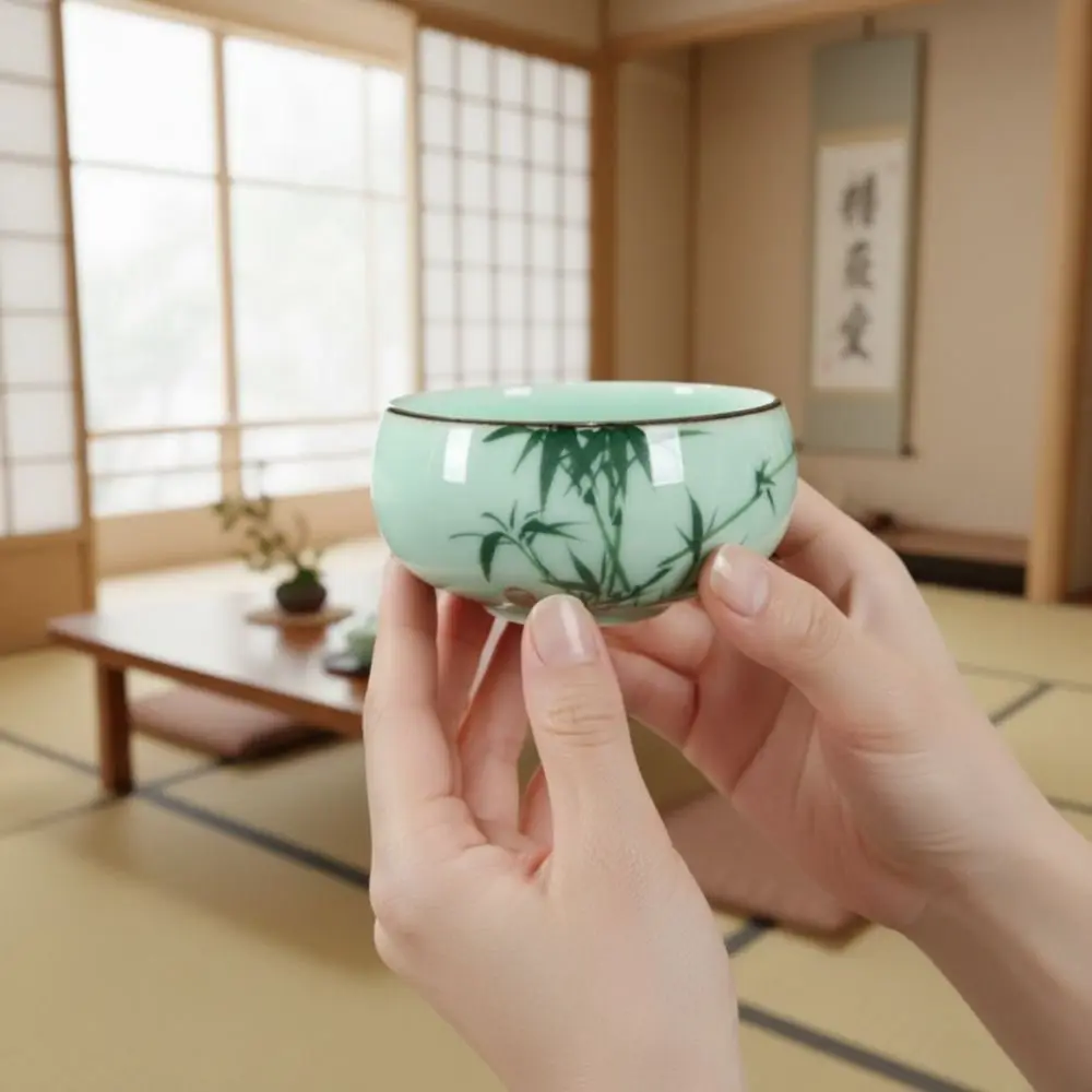 Hand-painted Landscape Pattern Chinese Traditional Celadon Teacup Double-fish Ceramic Master Cup 55 ML Vintage Tea Bowl 2