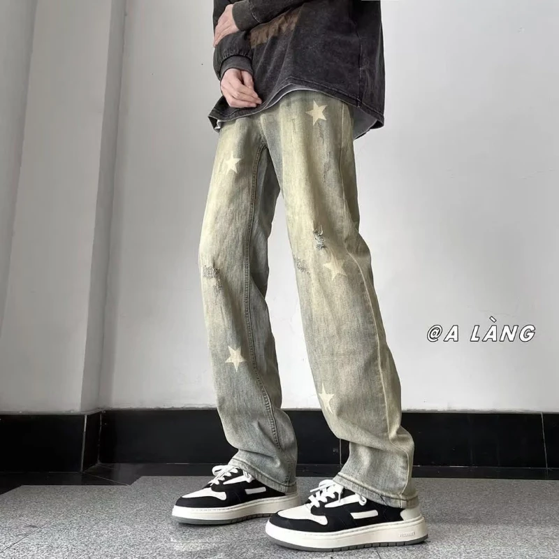 Vibe Trendy Washed Distressed Yellow Mud Jeans Men's American High Street Micro Flared Loose Straight Leg Casual Pants