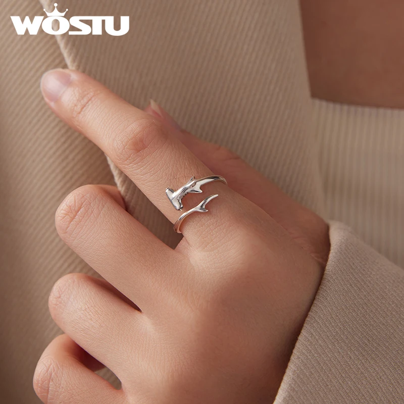 

WOSTU 925 Sterling Silver Hammerhead Shark Open Ring Sea Fish Rings Original Luck for Women Fine Jewelry Birthday Party Gift
