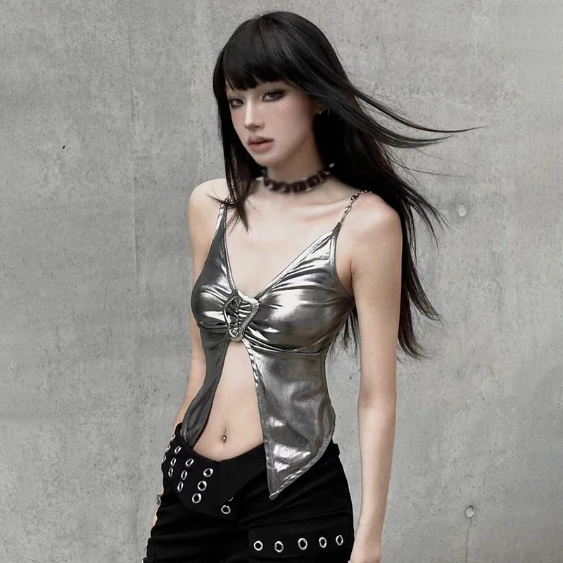 Women V-Neck Metallic Silver Punk Crop Velvet Slim Fit Sexy Camisole Top Silver One Size