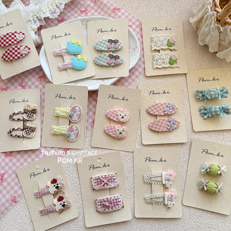 

2PC Cotton Fabric Baby Hair Clips Tartan Plaid Print Embroidery Hairpin Cartoon Bear Rabbit BB Barrettes Girls Kids Headwear