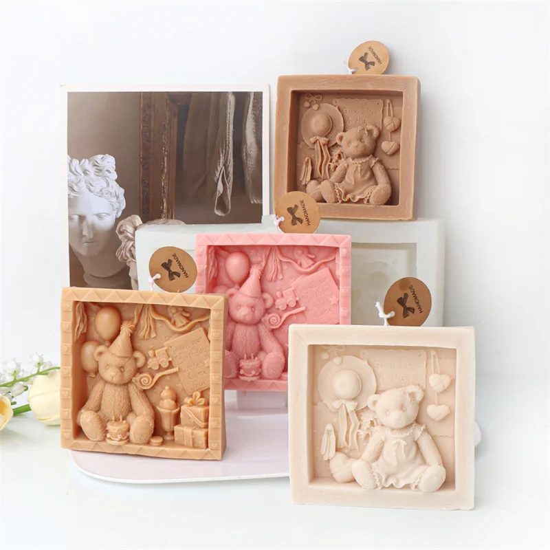 Embossed Square Teddy Bear Frame Silicone Candle Mold Vintage Birthday Hat Gift Balloon Relief Mould DIY Candle Soap Gypsum