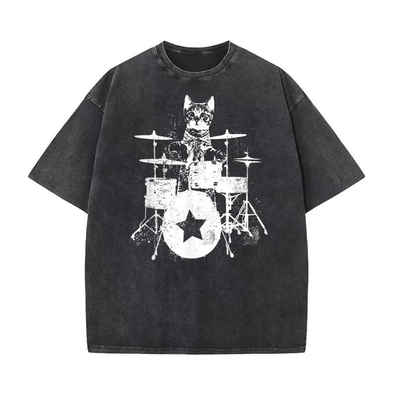 

Punk Rockstar Kitten Kitty Cat Drummer Playing Drums Graphic T-shirt Men's Tee Shirt Short Sleeve Male Clothes Fashion