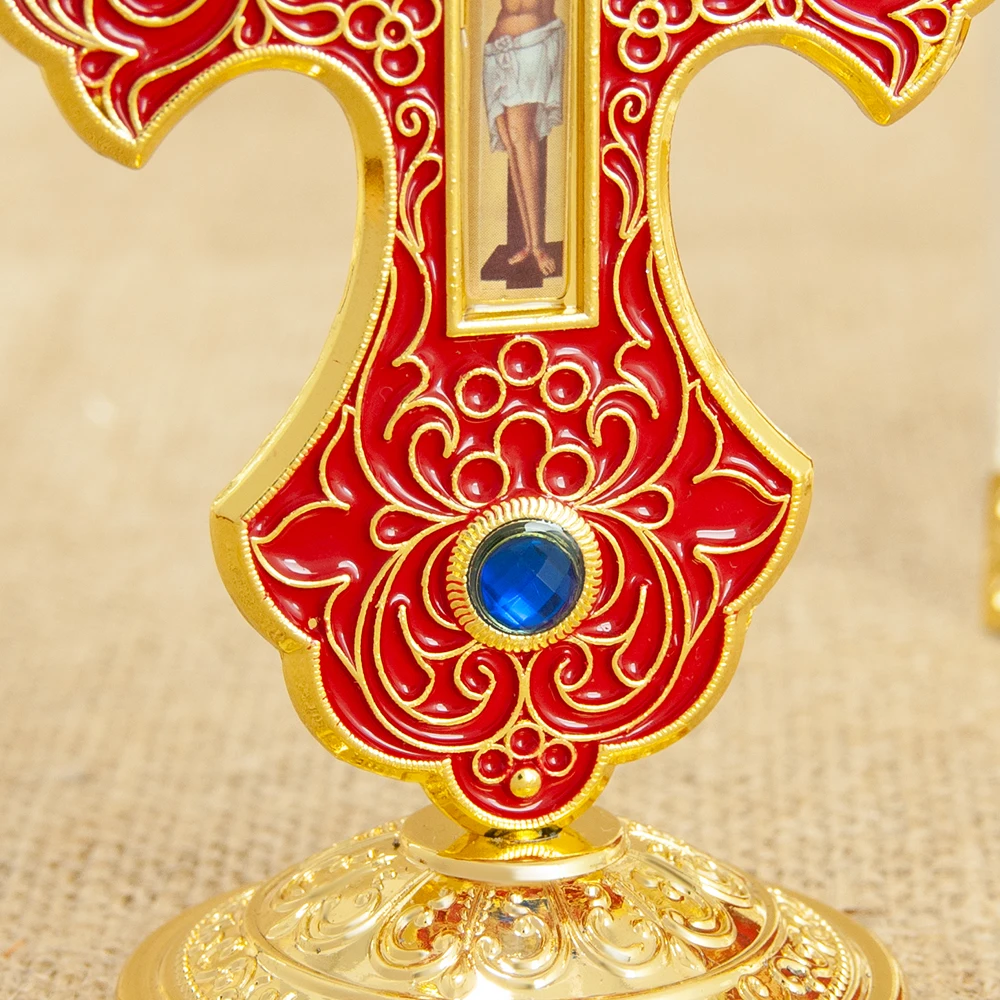 HTISOK Ostorthodoxes Kreuz Jesus-Kruzifix Christliches Standkreuz mit Sockel für Kirchen- und Heimdekoration Religiöse Artikel – Detail 8