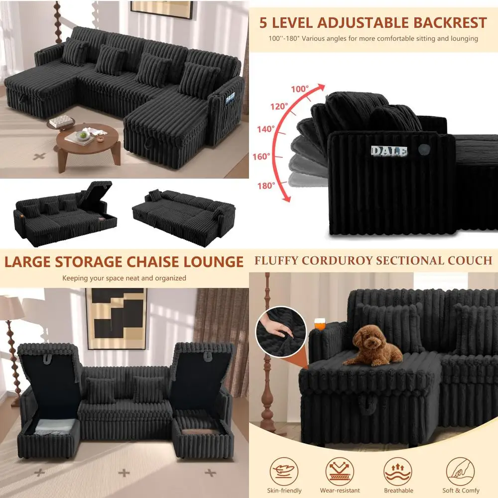 107 أريكة مقطعية مع سرير قابل للسحب، كرسي تخزين، مسند ظهر قابل للتعديل، منافذ USB، حاملات أكواب، جيوب جانبية، قماش سروال قصير