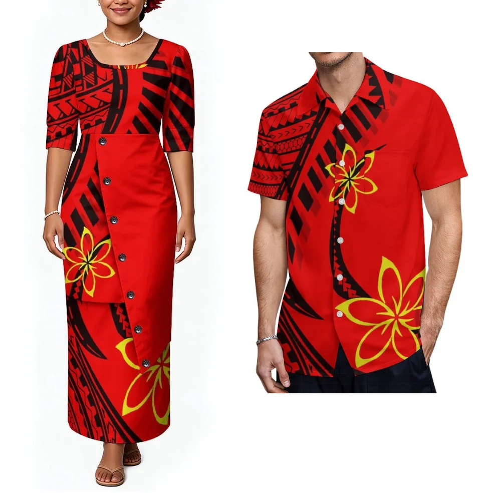 Art Print Design Polynesian Tribe Retro Style Women'S Round-Neck Comfortable Long Dress Samoan Men'S Shirt Couple Set