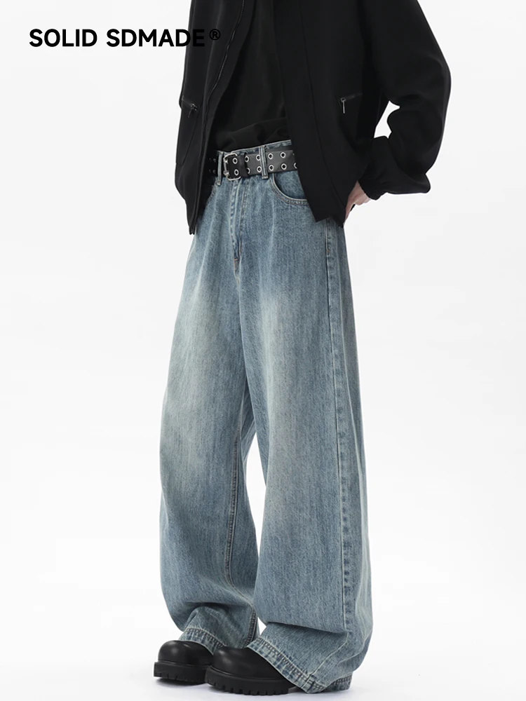 

SDMADE American Retro Blue Jeans Men's Straight Leg Wide Leg Casual Long Pants Washed Clean Fit Denim Jeans Youth Popular