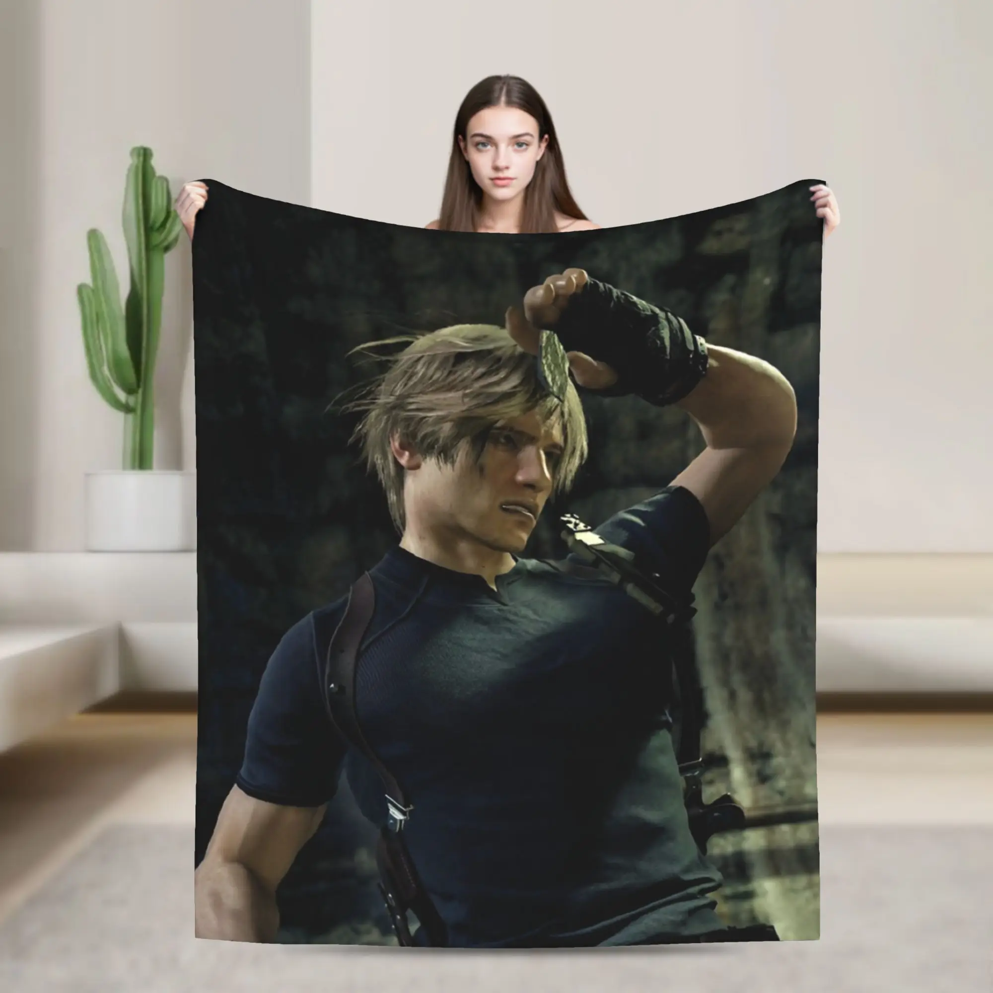 Leon Kennedy Resident 4 Remake Blankets Fleece Video Game Eviled Super Warm Throw Blankets for Bedroom Sofa Bed Rug