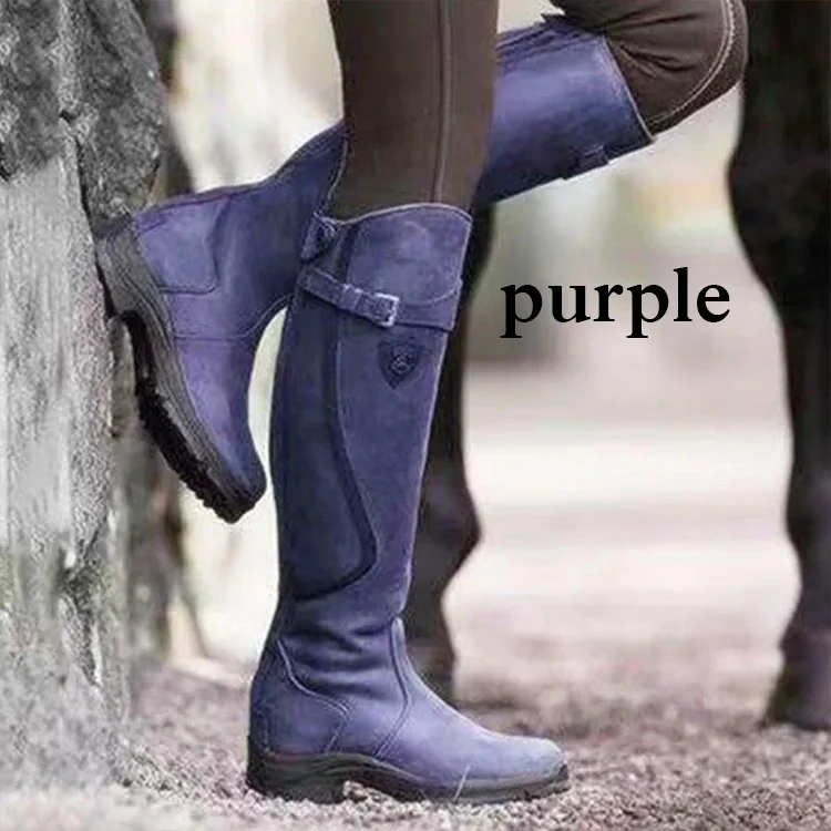 Women Winter Fashion Leather Low Heel Boots Zipper Knight Boots Vintage Outdoor Riding Boots Long Boots Knee High Boots