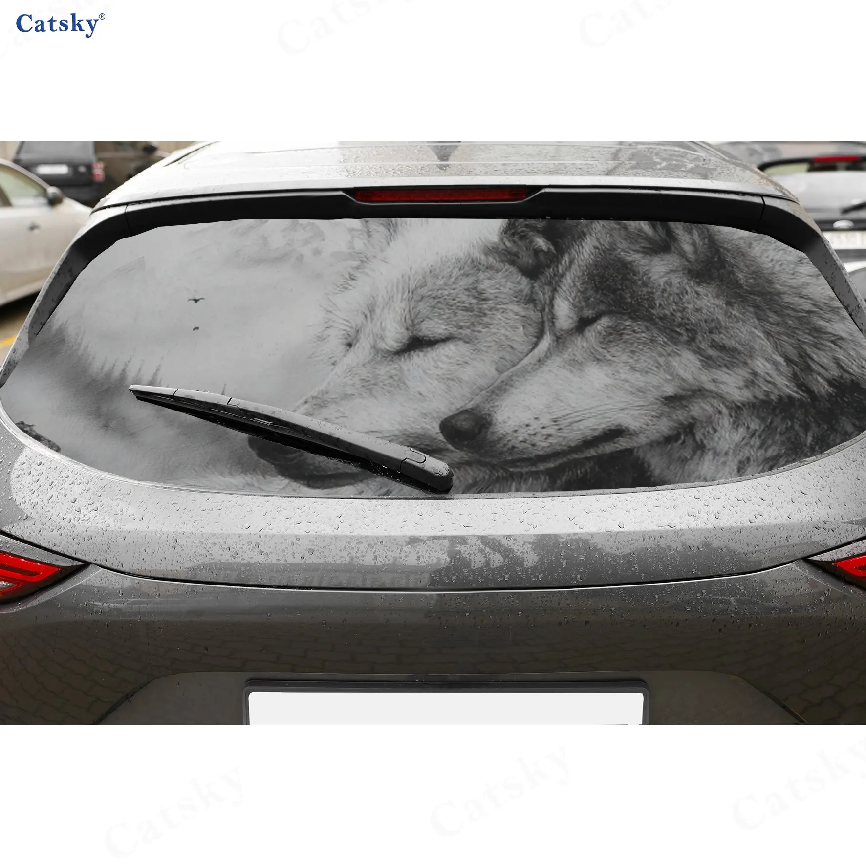 

Black White Wolf Pair Tender Wild PVC Perforated Car Vinyl Wraps, Durable Car Rear Windshield Sticker, Waterproof Car Rear Windo