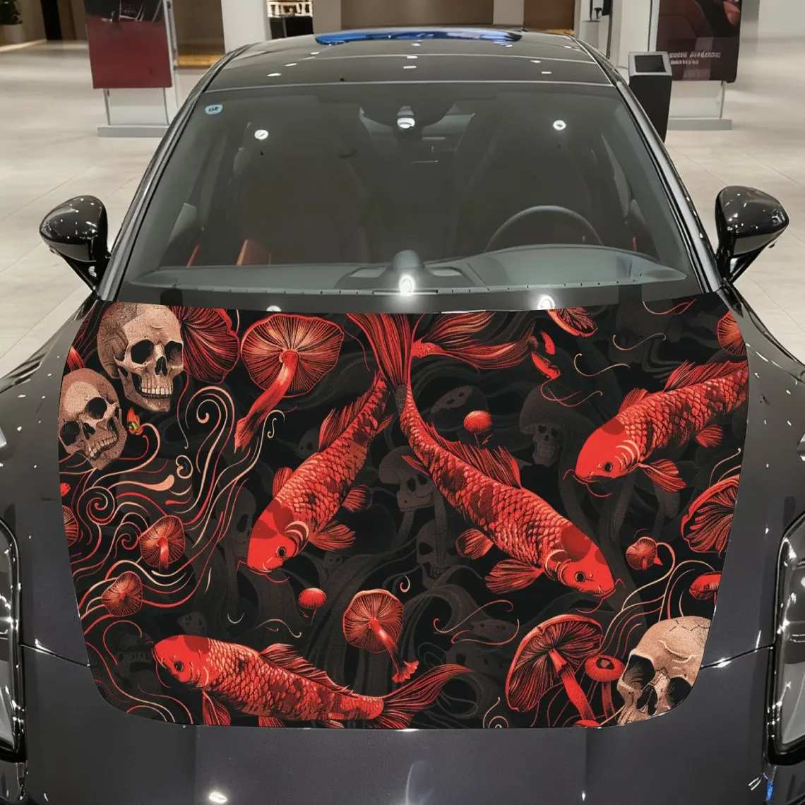 

Koi Fish Skull Car Hood Sticker PVC Self Waterproof Stick, Striking Auto Exterior Accessories Decor Protect Gift for Car Lover