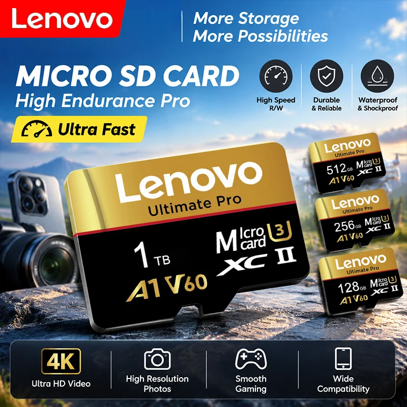 بطاقة ذاكرة Lenovo V60 سريعة ومقاومة للماء، بطاقة TF SD للتلفزيون الذكي وأجهزة الكمبيوتر المكتبية والمحمولة، بطاقة Micro SD بسعات 64 جيجابايت، 128 جيجابايت، 256 جيجابايت، 512 جيجابايت، 1 تيرابايت