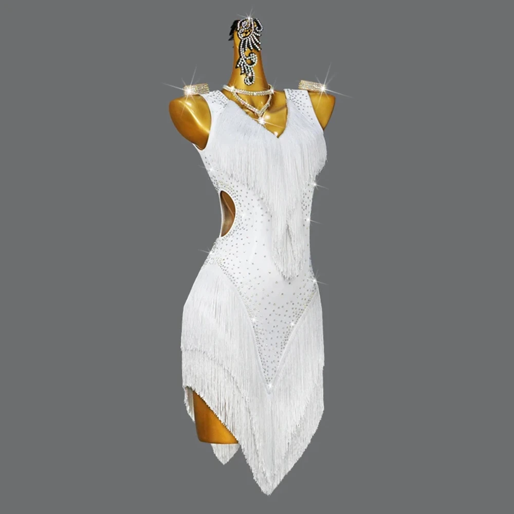 Latin Dance Kleidung Bühnenkostüme Damen Kleid Ballsaal Praxis Sexy Prom Outfit Mädchen Quaste Weiße Röcke Party eleganter Anzug