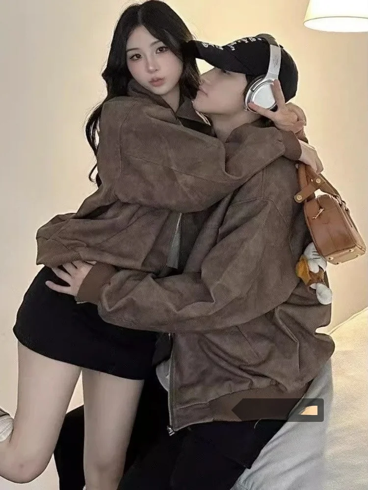 

Высококачественная парная куртка в корейском стиле для ранней весны, модная, свободного кроя, для повседневной носки, на молнии, с длинными рукавами.