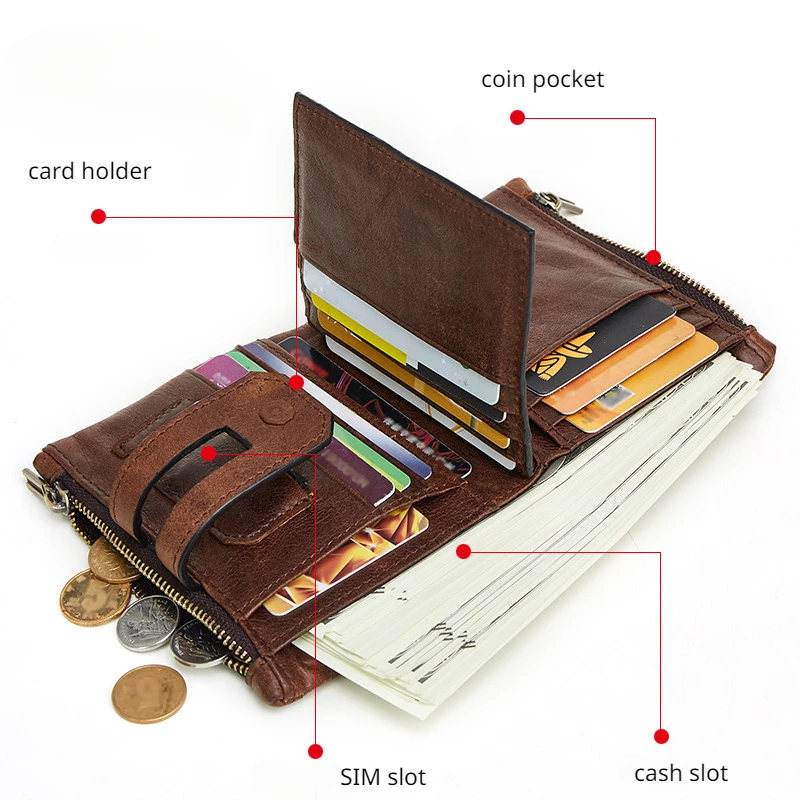 Men's Small Wallet RFID Genuine Leather Short Wallet Casual Fashion Double Zipper Card Holder Retro Coin Purse Money Bag Clutch