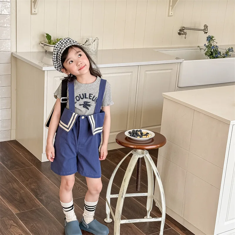 

Girl Overall 2024 Children Wear Girls Summer Wear Children Korean Fashion Summer Solid Overalls Washed Cotton Shorts Pants