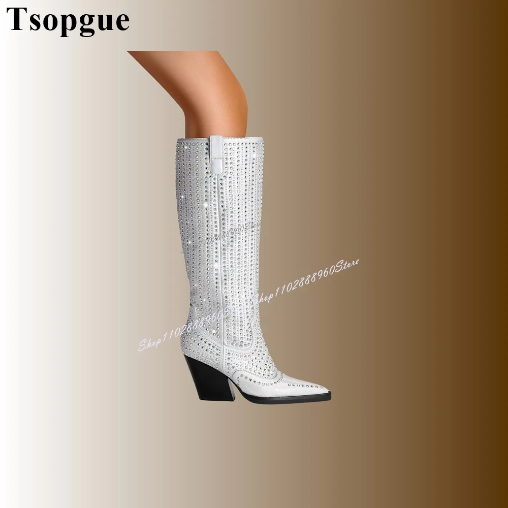 

Western Knee High Silver Crystal Decor Boots Thick Heel Women Shoes Slip-On Pointed Toe 2024 Fashionable Zapatos Para Mujere