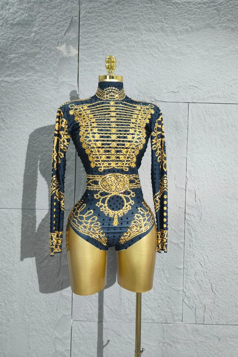 

2025 New Luxury Navy & Gold Bodysuit - Intricate Embroidery, High Neck, Perfect for Stage Shows & Fashion Galas