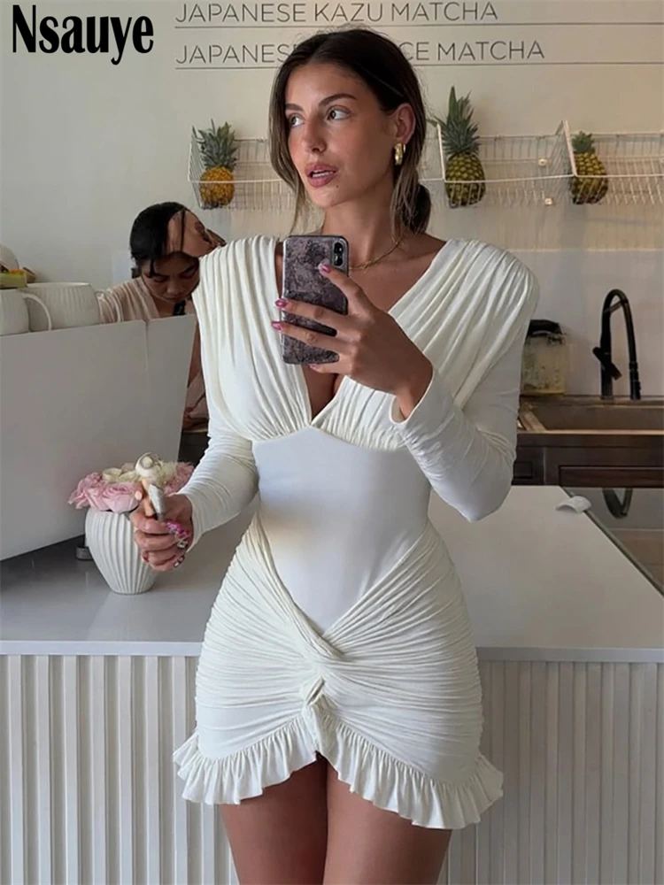 Nsauye Zomer Elegante Mode Witte Sexy Ruches Hoge Taille Mini Wrap Lange Mouw Jurk Avondfeest Nachtclub Jurk 2025