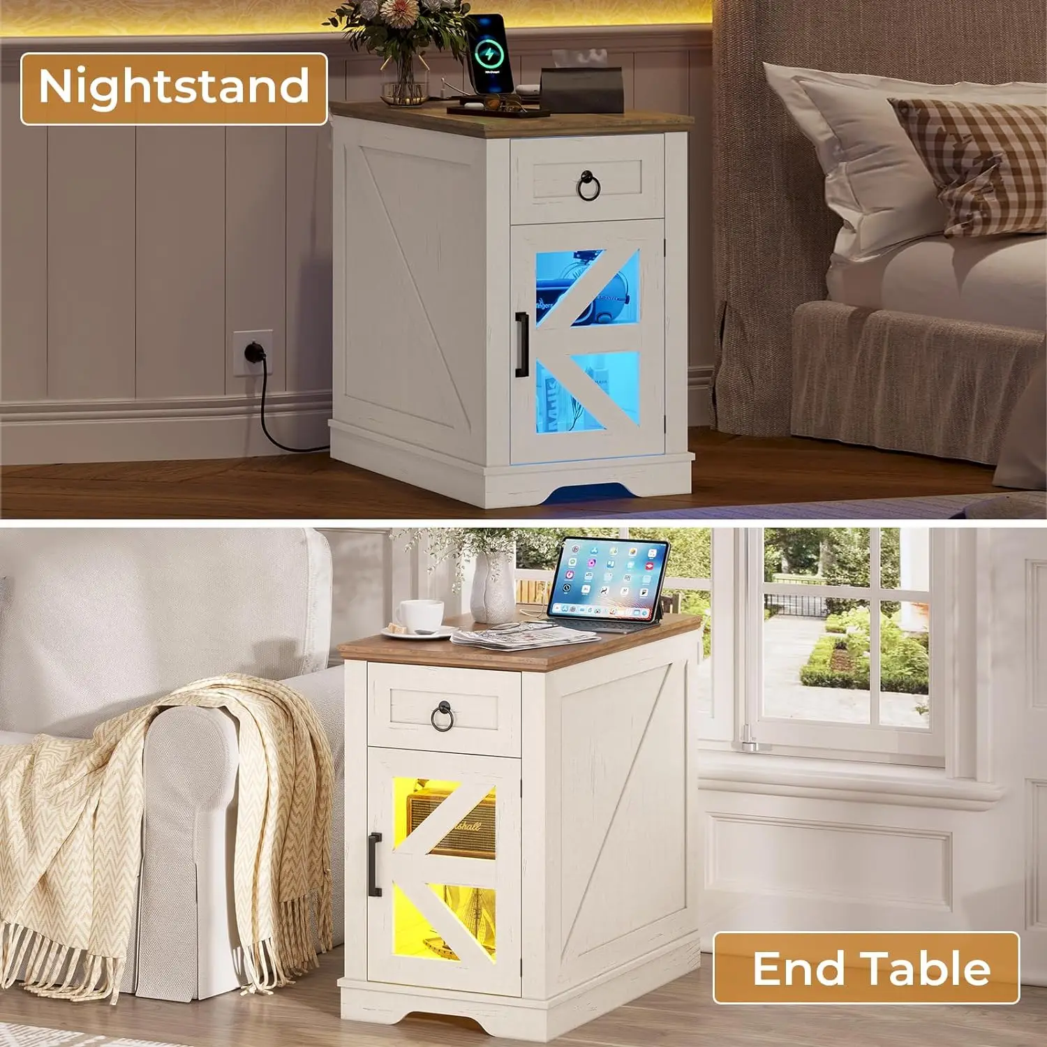 End Table with LED Lights & Charging Station, Farmhouse Wooden Side Table with Sliding Drawers, Narrow Nightstand w/ LED Lights