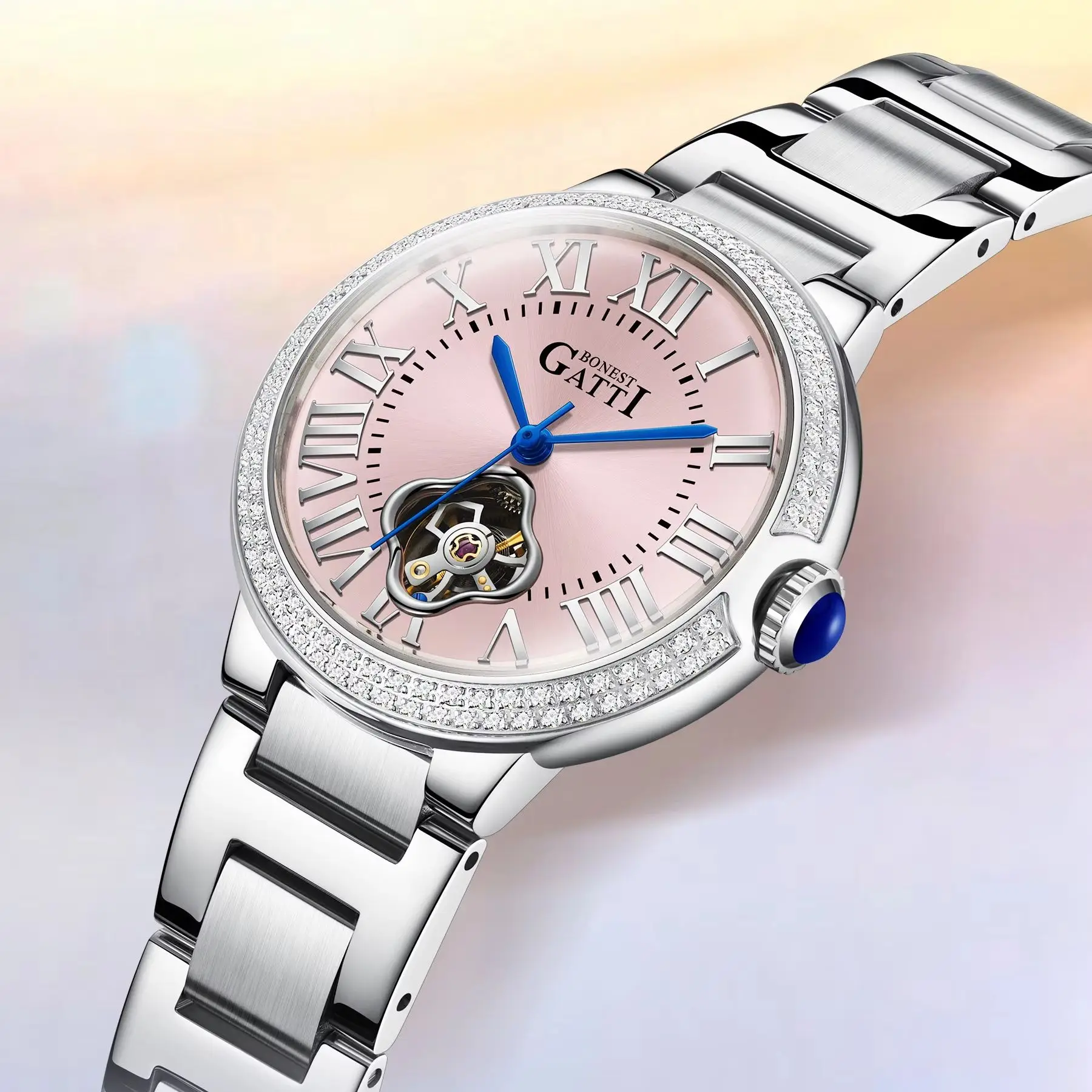 

BONEST GATTI Women Automatic Watches 35mm Ladies Mechanical Wristwatch Sapphire Mirror Luminous Skeleton Dial Roman Scales