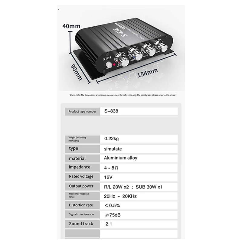 S-838 mitra otomatis penguat daya Audio 2,1 ch, Amplifier Audio Stereo Kelas D RMS 30W X 2 + 40W X 1 dengan Output Subwoofer