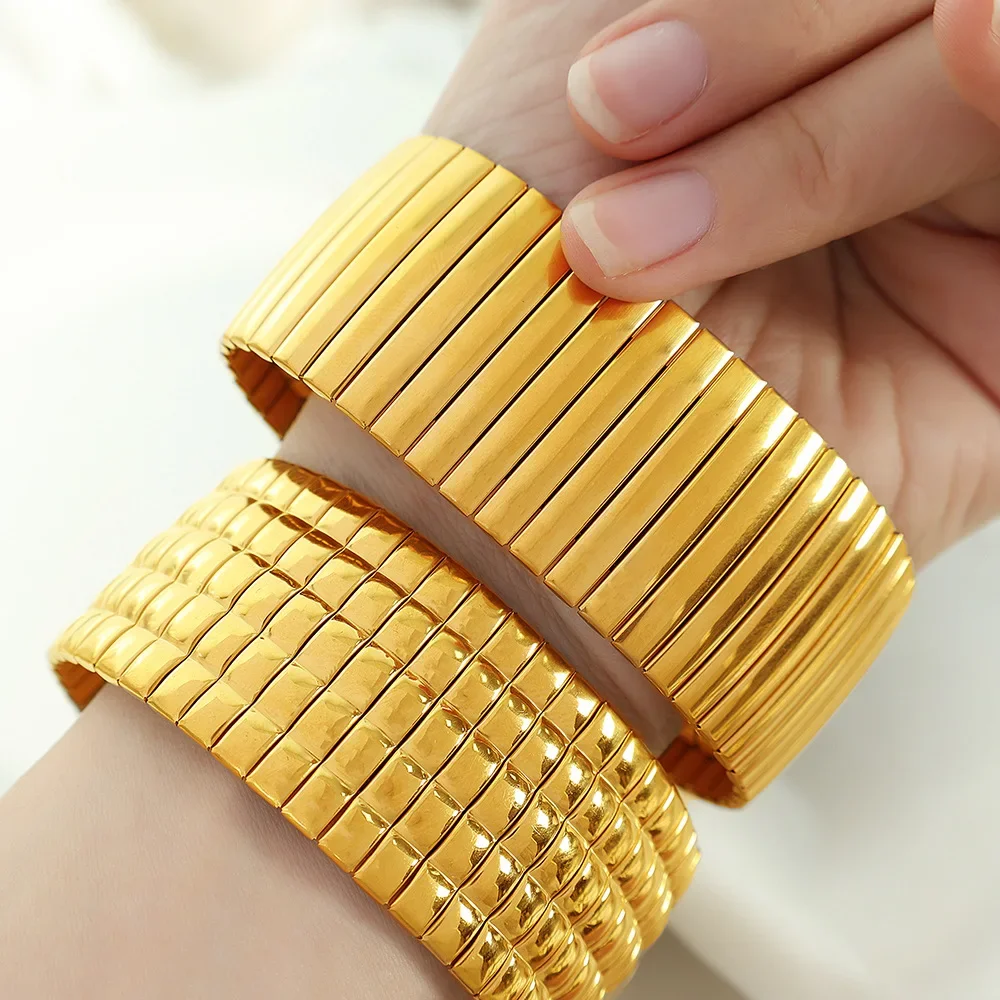 316L Stainless Steel Metal Wide Big Statement Bracelet Bangle Rust Proof 18K Gold Plated Hyperbole Unisex Elastic Jewelry Gift